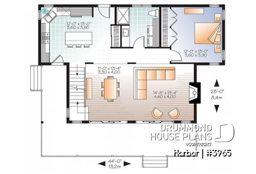 1st level - Scandinavian family vacation house plan, 3 bedrooms, 2 storey chalet with mezzanine, wood frames - Harbor
