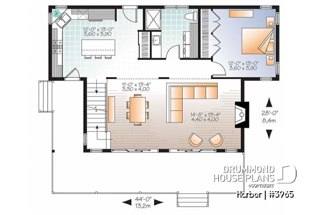 1st level - Scandinavian family vacation house plan, 3 bedrooms, 2 storey chalet with mezzanine, wood frames - Harbor