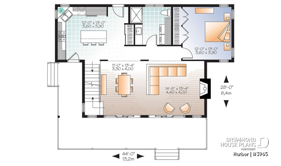 1st level - Scandinavian family vacation house plan, 3 bedrooms, 2 storey chalet with mezzanine, wood frames - Harbor
