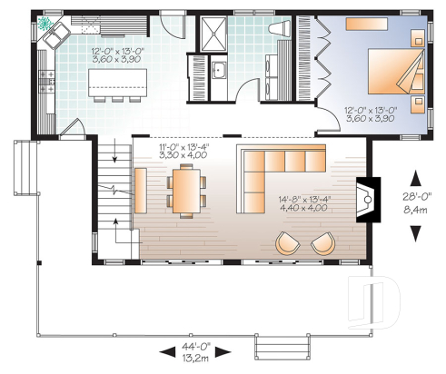 1st level - Scandinavian family vacation house plan, 3 bedrooms, 2 storey chalet with mezzanine, wood frames - Harbor