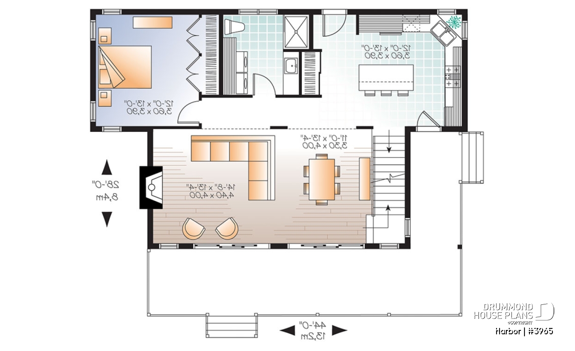 1st level - Scandinavian family vacation house plan, 3 bedrooms, 2 storey chalet with mezzanine, wood frames - Harbor