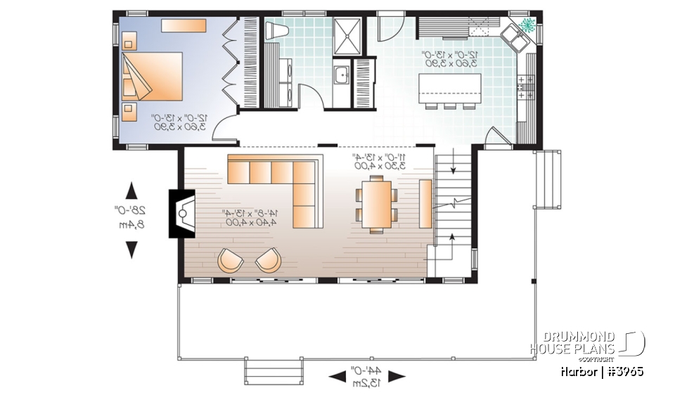 1st level - Scandinavian family vacation house plan, 3 bedrooms, 2 storey chalet with mezzanine, wood frames - Harbor