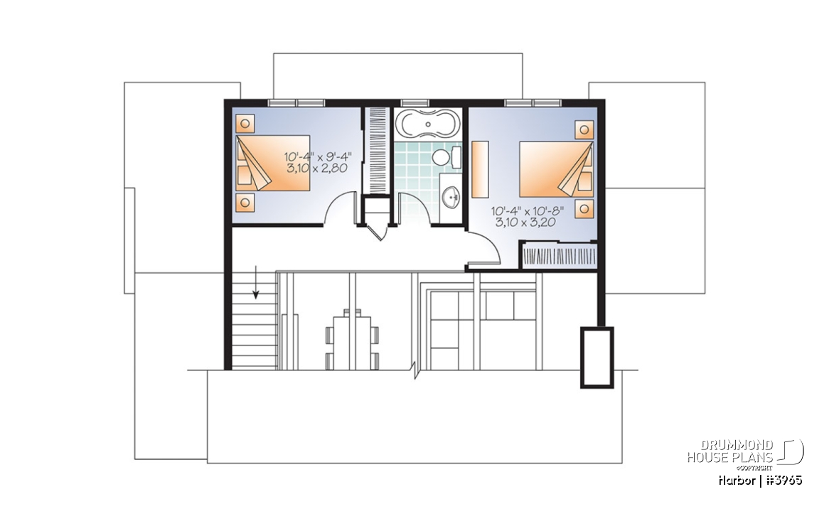 2nd level - Scandinavian family vacation house plan, 3 bedrooms, 2 storey chalet with mezzanine, wood frames - Harbor