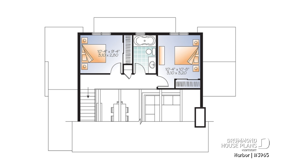 2nd level - Scandinavian family vacation house plan, 3 bedrooms, 2 storey chalet with mezzanine, wood frames - Harbor