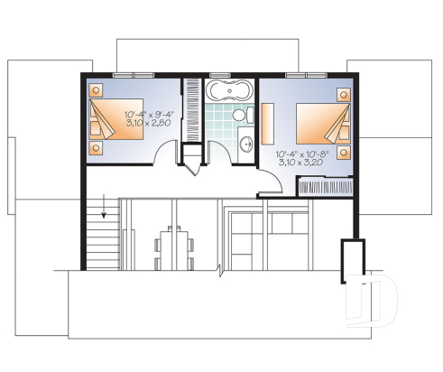2nd level - Scandinavian family vacation house plan, 3 bedrooms, 2 storey chalet with mezzanine, wood frames - Harbor