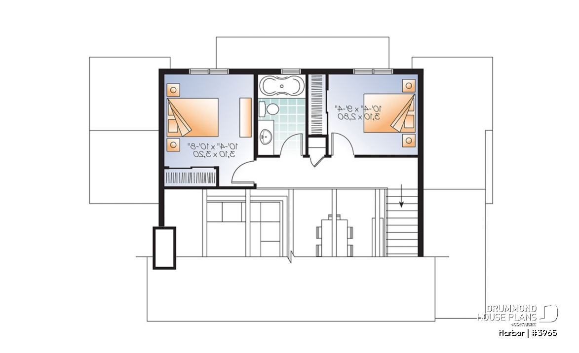 2nd level - Scandinavian family vacation house plan, 3 bedrooms, 2 storey chalet with mezzanine, wood frames - Harbor