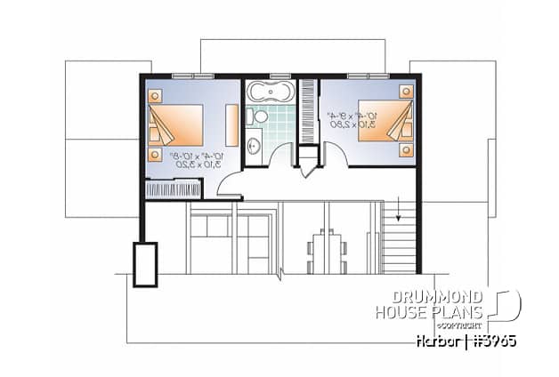 2nd level - Scandinavian family vacation house plan, 3 bedrooms, 2 storey chalet with mezzanine, wood frames - Harbor