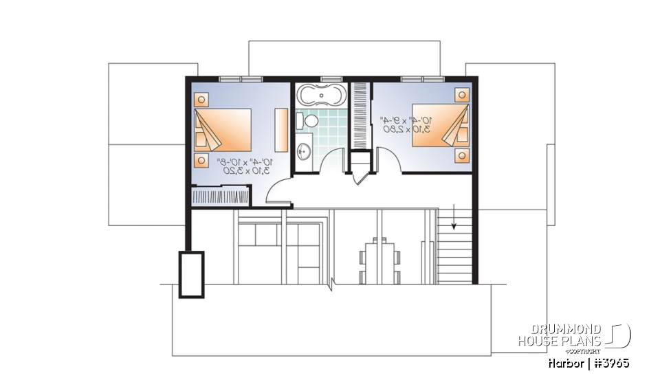 2nd level - Scandinavian family vacation house plan, 3 bedrooms, 2 storey chalet with mezzanine, wood frames - Harbor