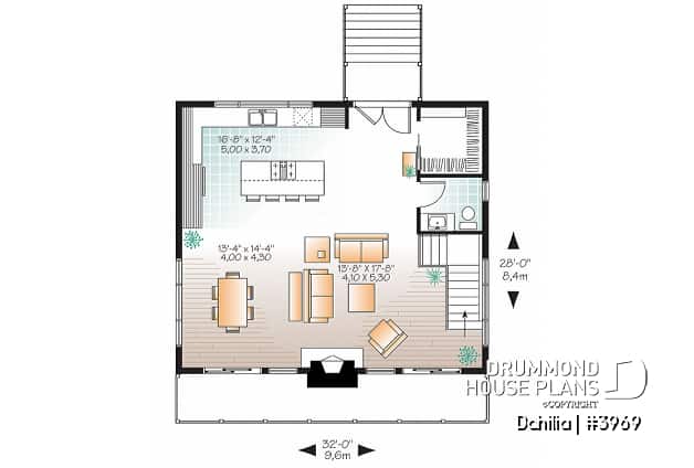 1st level - Contemporary rustic cottage plan, 3 bedroom, master suite, 2 family room, mud room, cathedral, fireplace - Dahilia