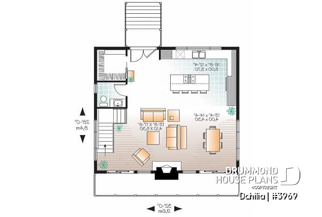 1st level - Contemporary rustic cottage plan, 3 bedroom, master suite, 2 family room, mud room, cathedral, fireplace - Dahilia