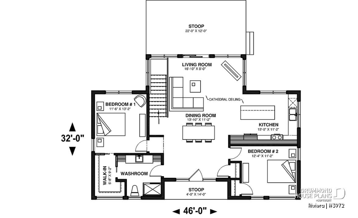 1st level - Small modern cottage plan, 2 bedrooms, ideal waterfront layout, nice master bedroom, open concept - Riviera