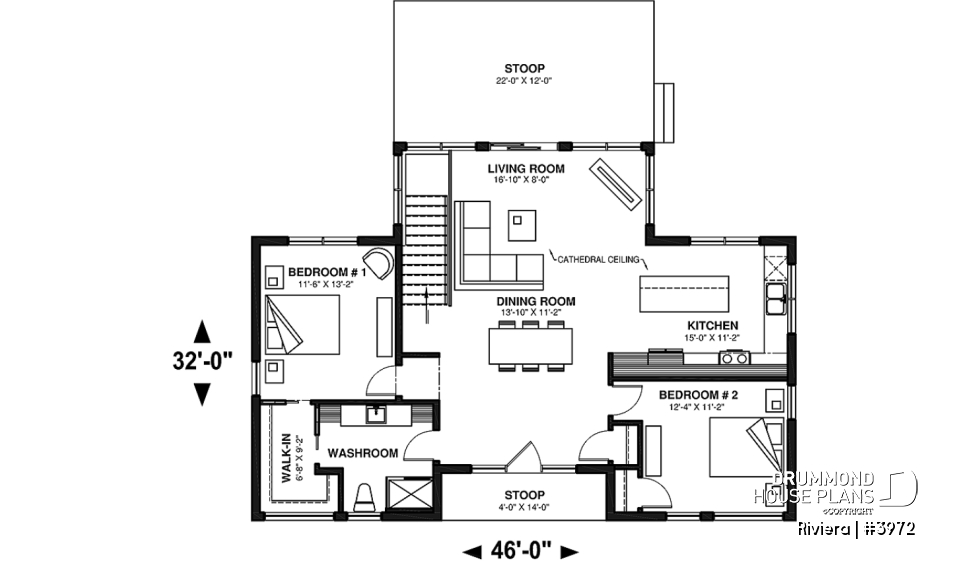 1st level - Small modern cottage plan, 2 bedrooms, ideal waterfront layout, nice master bedroom, open concept - Riviera