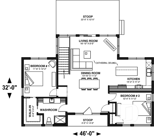 1st level - Small modern cottage plan, 2 bedrooms, ideal waterfront layout, nice master bedroom, open concept - Riviera