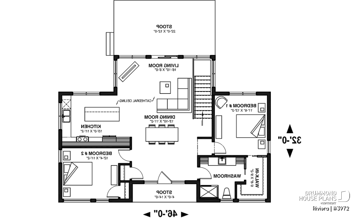1st level - Small modern cottage plan, 2 bedrooms, ideal waterfront layout, nice master bedroom, open concept - Riviera