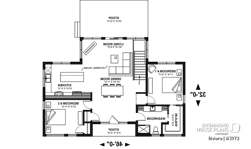 1st level - Small modern cottage plan, 2 bedrooms, ideal waterfront layout, nice master bedroom, open concept - Riviera