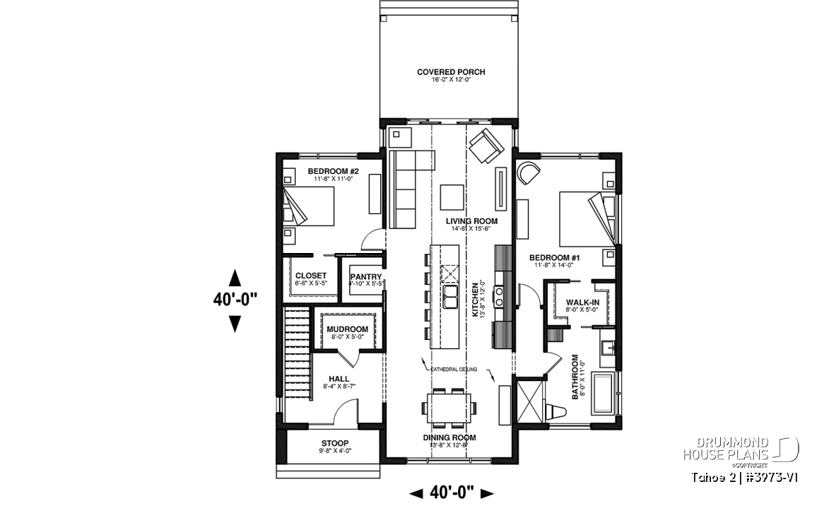 1st level - Scandinavian one-storey house plan, 2 bedrooms, large kitchen, open concept, mudroom, pantry - Tahoe 2