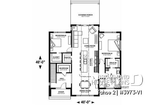 1st level - Scandinavian one-storey house plan, 2 bedrooms, large kitchen, open concept, mudroom, pantry - Tahoe 2