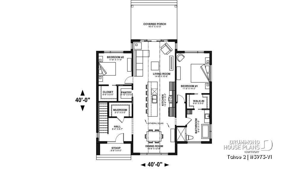 1st level - Scandinavian one-storey house plan, 2 bedrooms, large kitchen, open concept, mudroom, pantry - Tahoe 2