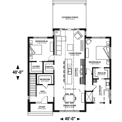 1st level - Scandinavian one-storey house plan, 2 bedrooms, large kitchen, open concept, mudroom, pantry - Tahoe 2