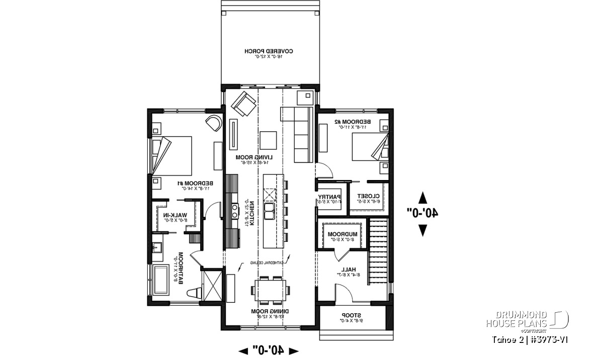 1st level - Scandinavian one-storey house plan, 2 bedrooms, large kitchen, open concept, mudroom, pantry - Tahoe 2