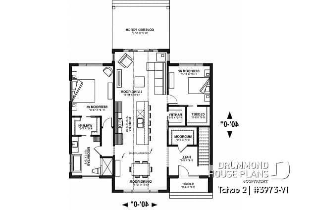 1st level - Scandinavian one-storey house plan, 2 bedrooms, large kitchen, open concept, mudroom, pantry - Tahoe 2
