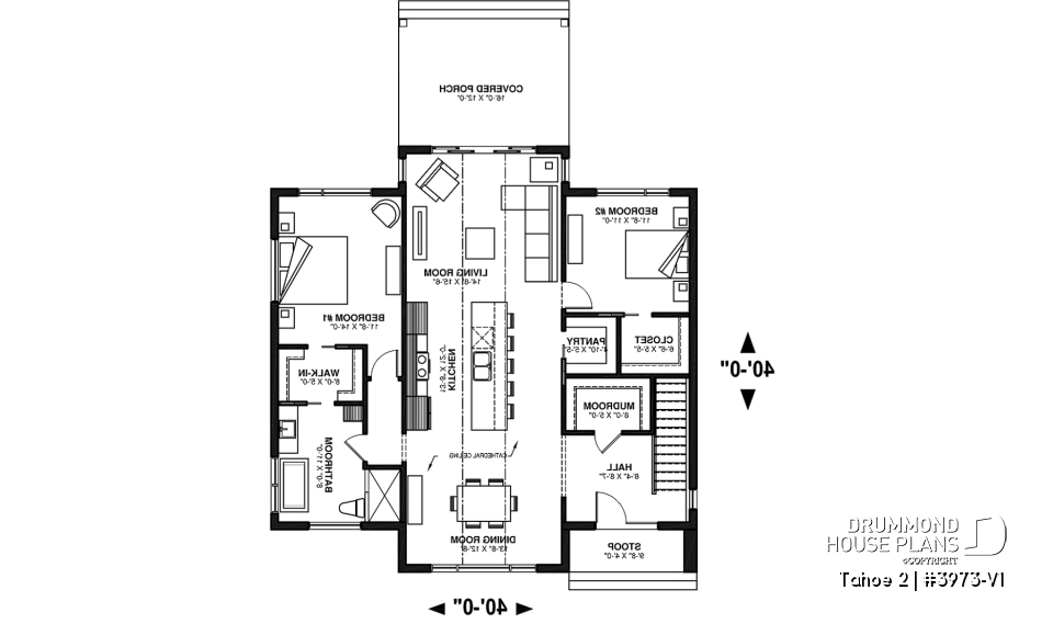 1st level - Scandinavian one-storey house plan, 2 bedrooms, large kitchen, open concept, mudroom, pantry - Tahoe 2