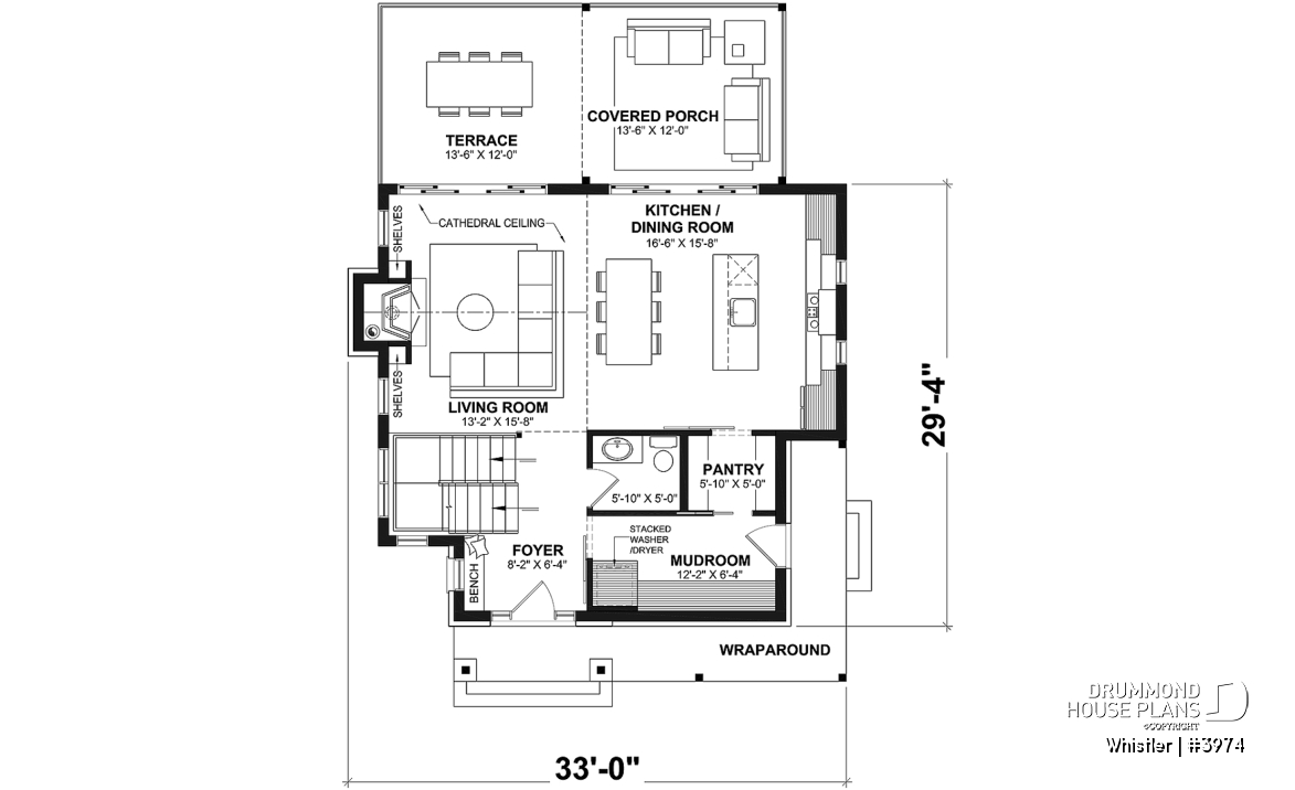 1st level - House plan with loft bedroom (total of 3 beds), open floor plan, fireplace and more - Whistler
