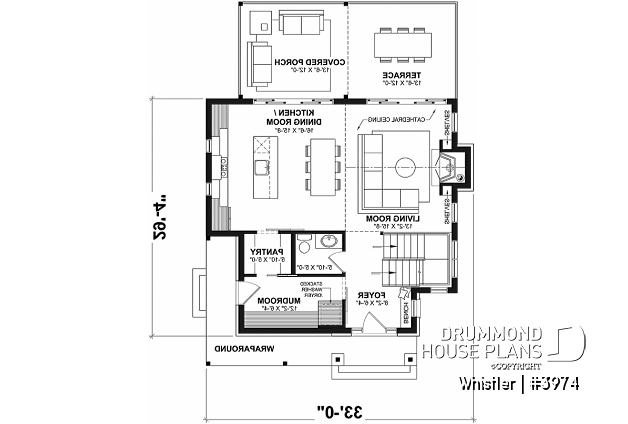 1st level - House plan with loft bedroom (total of 3 beds), open floor plan, fireplace and more - Whistler