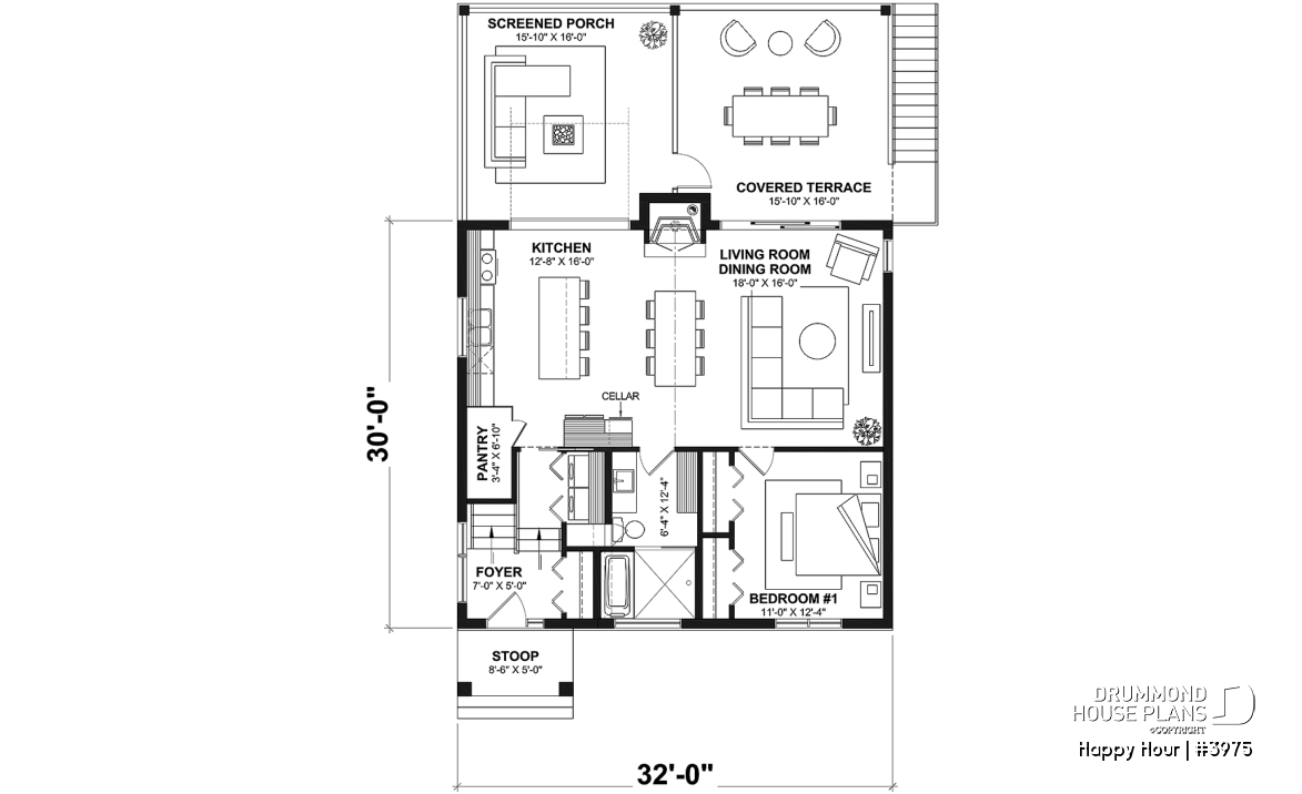 1st level - Small Moderne House Plan with Walkout Basement, Cathedral Ceiling, 2 Fireplaces, Covered Terraces - Happy Hour