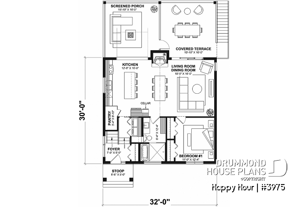 1st level - Cottage house plan with 3 stunning separate outdoor terraces, and open floor plan inside! - Happy Hour