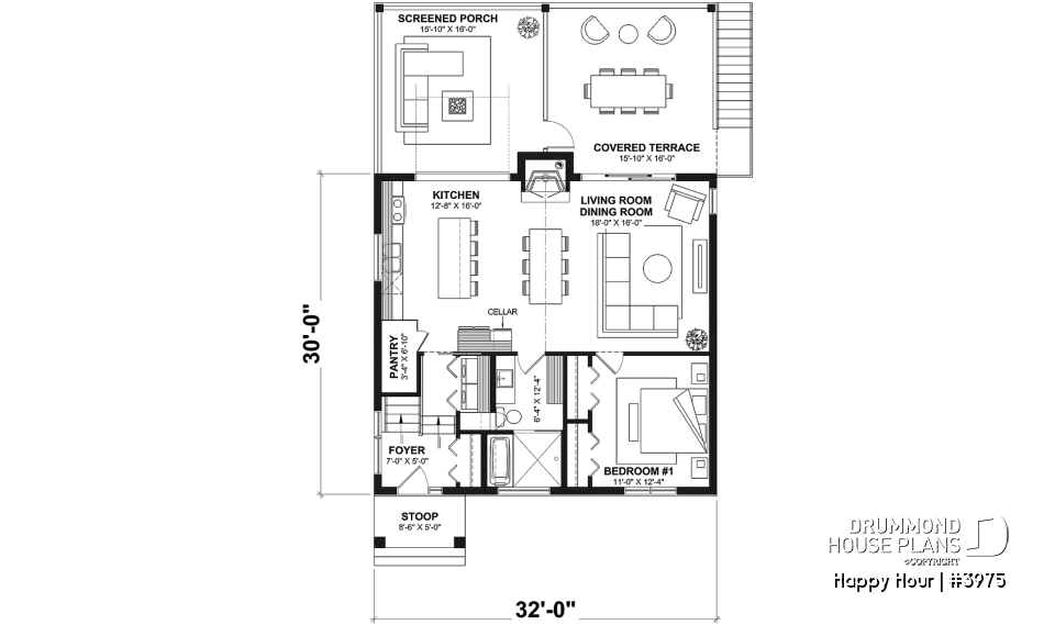 1st level - Small Moderne House Plan with Walkout Basement, Cathedral Ceiling, 2 Fireplaces, Covered Terraces - Happy Hour