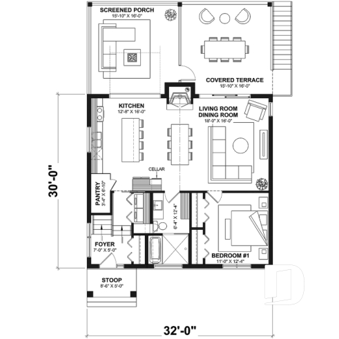 1st level - Small Moderne House Plan with Walkout Basement, Cathedral Ceiling, 2 Fireplaces, Covered Terraces - Happy Hour