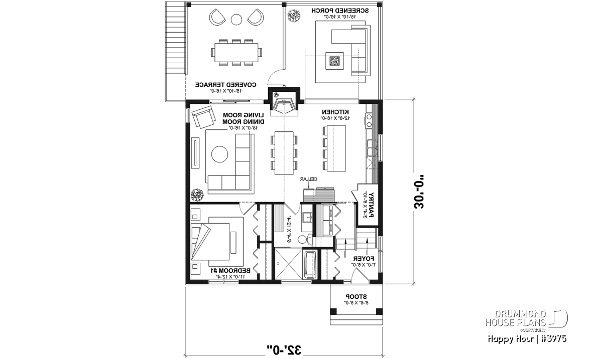 1st level - Small Moderne House Plan with Walkout Basement, Cathedral Ceiling, 2 Fireplaces, Covered Terraces - Happy Hour