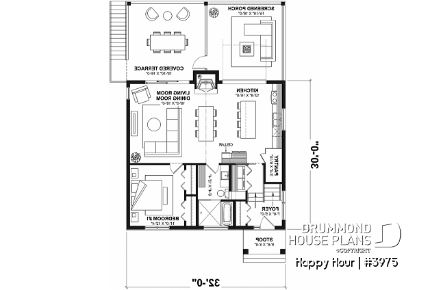 1st level - Cottage house plan with 3 stunning separate outdoor terraces, and open floor plan inside! - Happy Hour