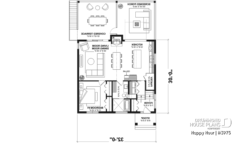 1st level - Small Moderne House Plan with Walkout Basement, Cathedral Ceiling, 2 Fireplaces, Covered Terraces - Happy Hour