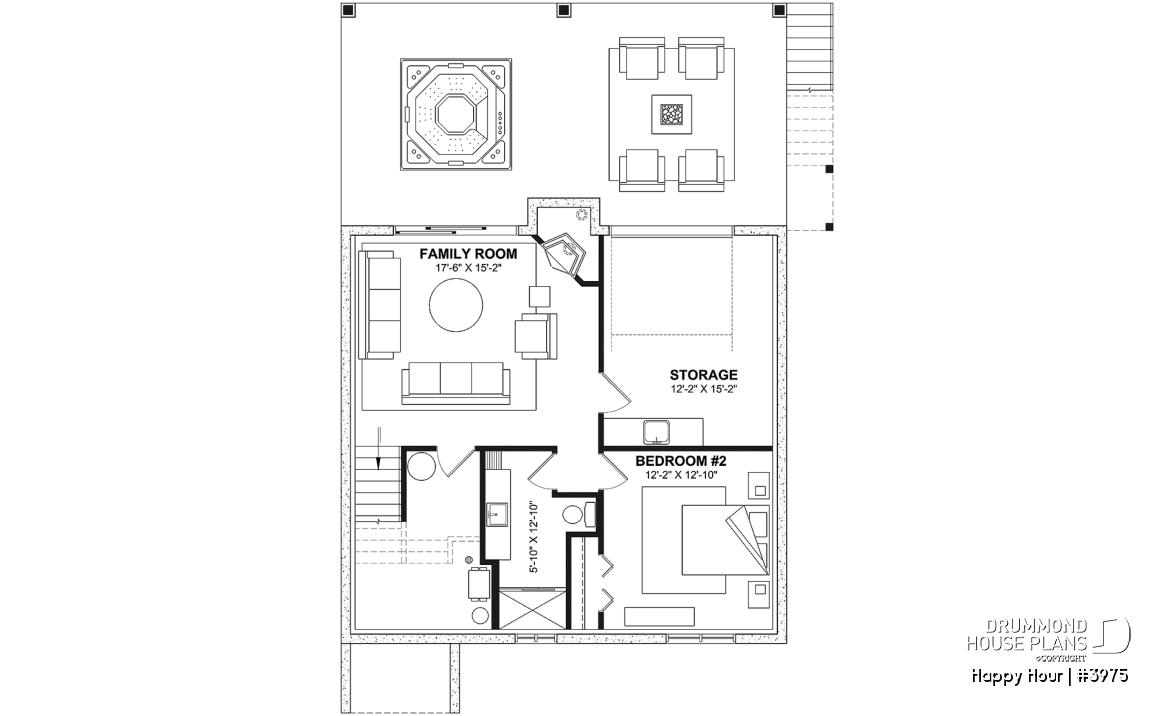 Basement - Small Moderne House Plan with Walkout Basement, Cathedral Ceiling, 2 Fireplaces, Covered Terraces - Happy Hour