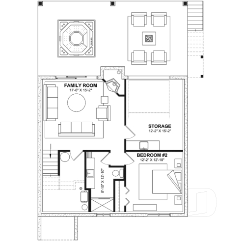 Basement - Small Moderne House Plan with Walkout Basement, Cathedral Ceiling, 2 Fireplaces, Covered Terraces - Happy Hour