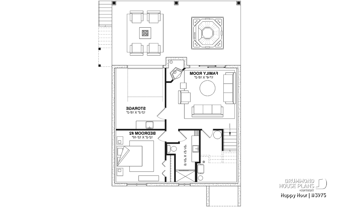 Basement - Small Moderne House Plan with Walkout Basement, Cathedral Ceiling, 2 Fireplaces, Covered Terraces - Happy Hour