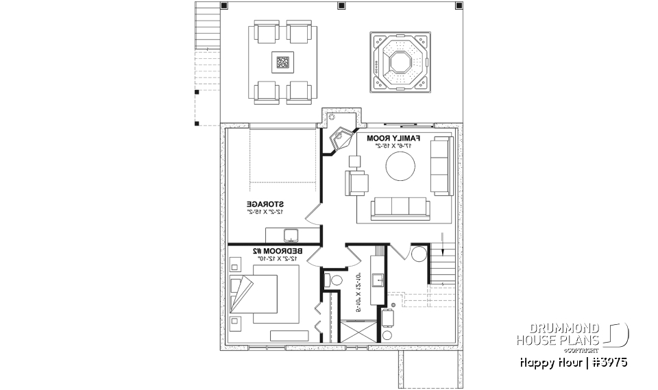 Basement - Small Moderne House Plan with Walkout Basement, Cathedral Ceiling, 2 Fireplaces, Covered Terraces - Happy Hour