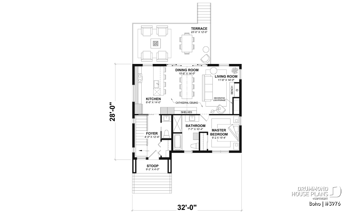 1st level - Small modern 1-storey house plan, opt. finished basement for a total of 4 beds, 2 family rooms and 2.5 baths - Boho