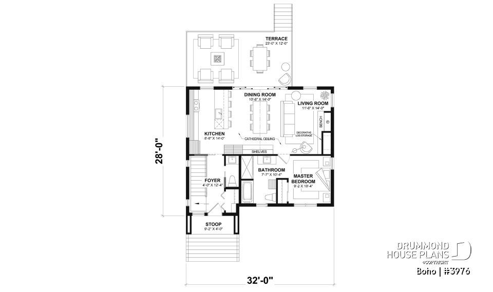 1st level - Small modern 1-storey house plan, opt. finished basement for a total of 4 beds, 2 family rooms and 2.5 baths - Boho