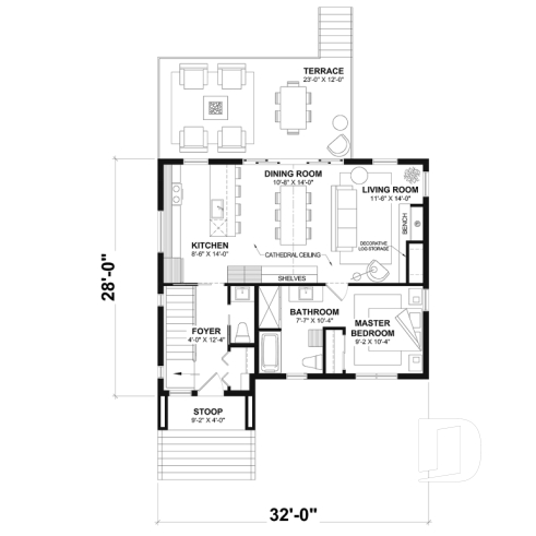 1st level - Small modern 1-storey house plan, opt. finished basement for a total of 4 beds, 2 family rooms and 2.5 baths - Boho