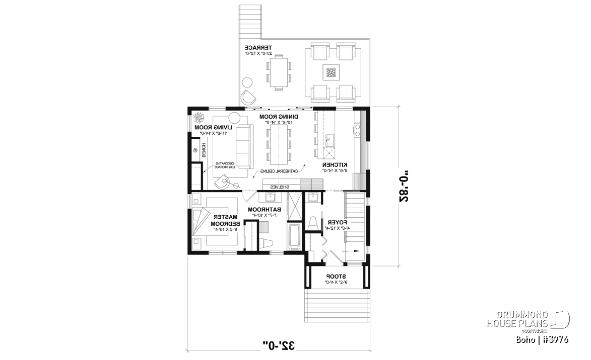 1st level - Small modern 1-storey house plan, opt. finished basement for a total of 4 beds, 2 family rooms and 2.5 baths - Boho