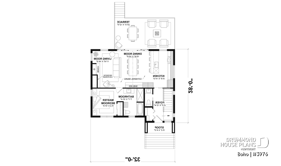 1st level - Small modern 1-storey house plan, opt. finished basement for a total of 4 beds, 2 family rooms and 2.5 baths - Boho
