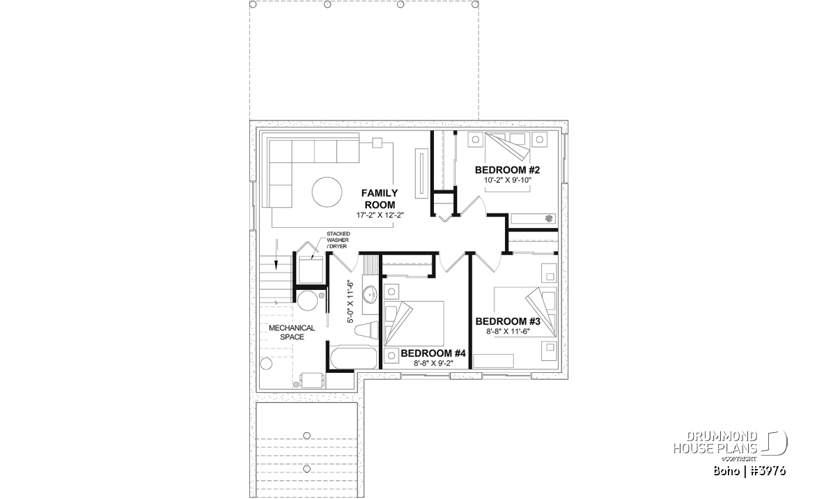 Finished basement (Optional $) - Small modern 1-storey house plan, opt. finished basement for a total of 4 beds, 2 family rooms and 2.5 baths - Boho