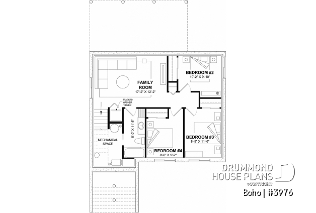 Finished basement (Optional $) of house plan 3976 Finished basement (Optional $) - Small modern one-storey home with finished basement for a total of 4 bedrooms, 2 family rooms and 2.5 baths - Boho