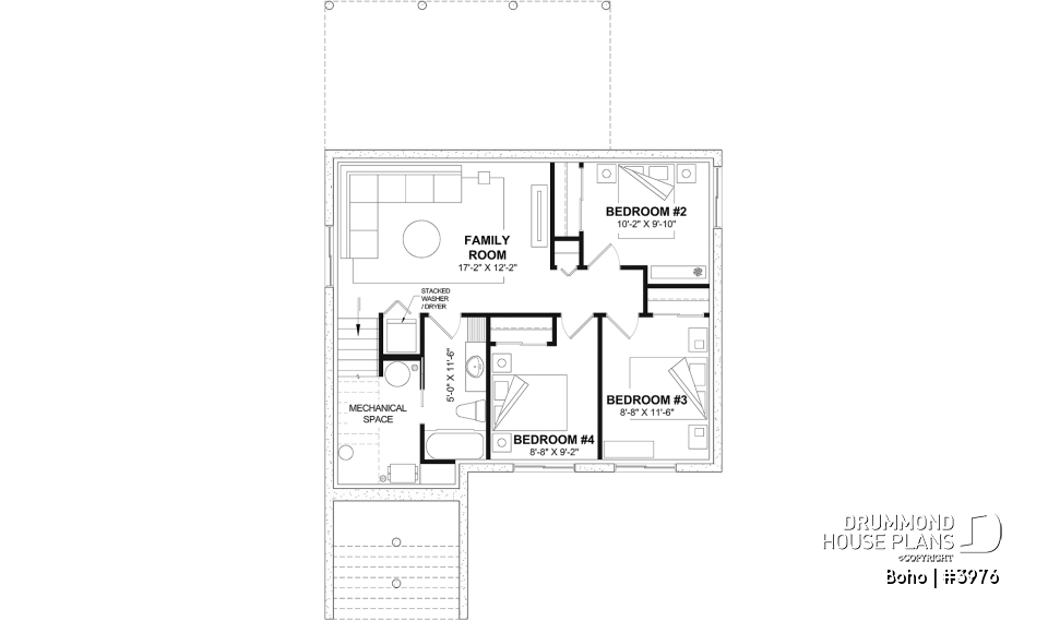 Finished basement (Optional $) - Small modern 1-storey house plan, opt. finished basement for a total of 4 beds, 2 family rooms and 2.5 baths - Boho