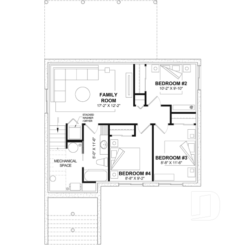 Finished basement (Optional $) - Small modern 1-storey house plan, opt. finished basement for a total of 4 beds, 2 family rooms and 2.5 baths - Boho