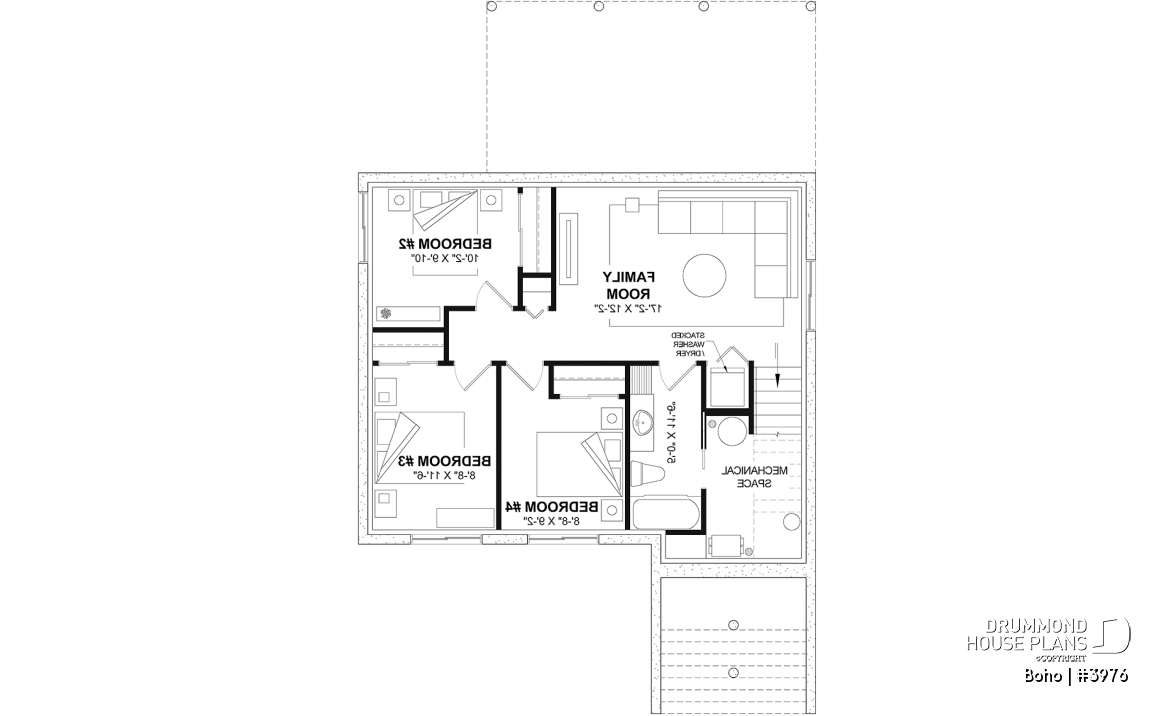 Finished basement (Optional $) - Small modern 1-storey house plan, opt. finished basement for a total of 4 beds, 2 family rooms and 2.5 baths - Boho