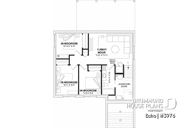 Finished basement (Optional $) of house plan 3976 Finished basement (Optional $) - Small modern one-storey home with finished basement for a total of 4 bedrooms, 2 family rooms and 2.5 baths - Boho
